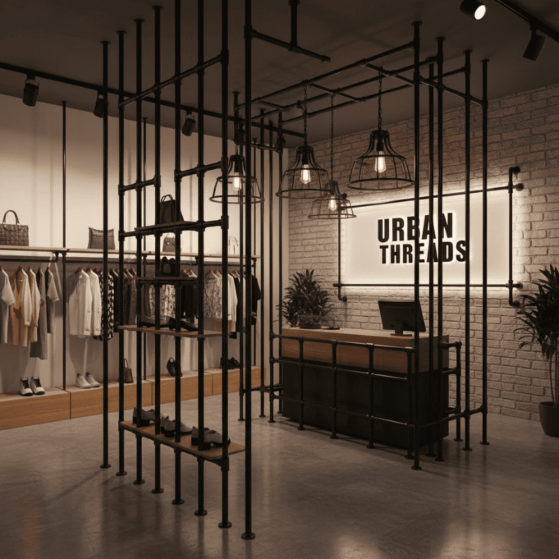 Decor cửa hàng bằng ống thép bọc nhựa màu đen